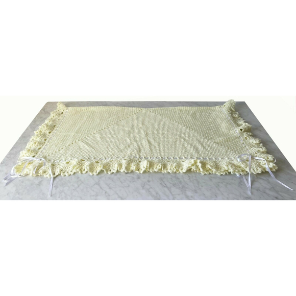 Baby Blanket Afghan Hand Knit Crocheted Soft Yellow with White Ribbon Homemade - Picture 2 of 11